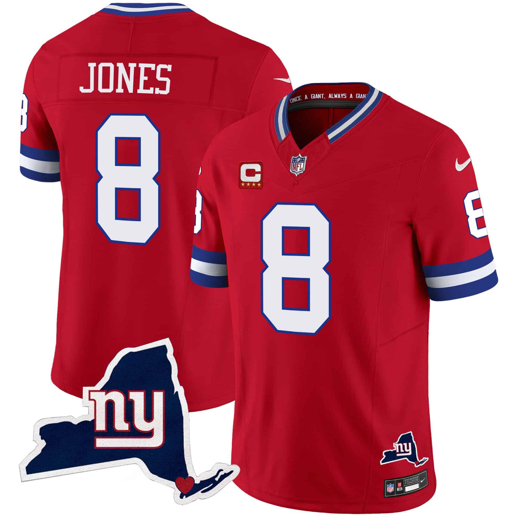 Men New York Giants #8 Jones Red 2024 Nike Map Patch Limited NFL Jersey